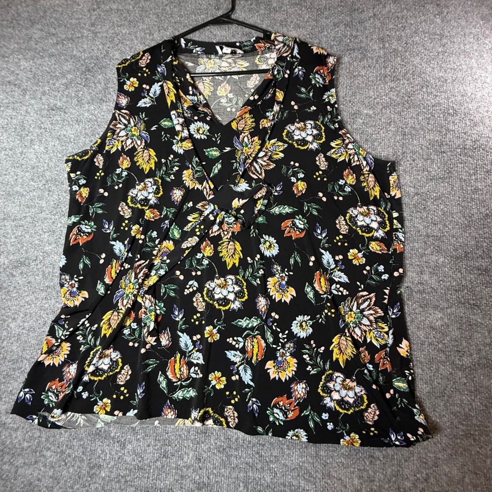 Leota Dia & Co Womens 2L Black Floral Tie Neck Sleeveless Blouse Top Stretch